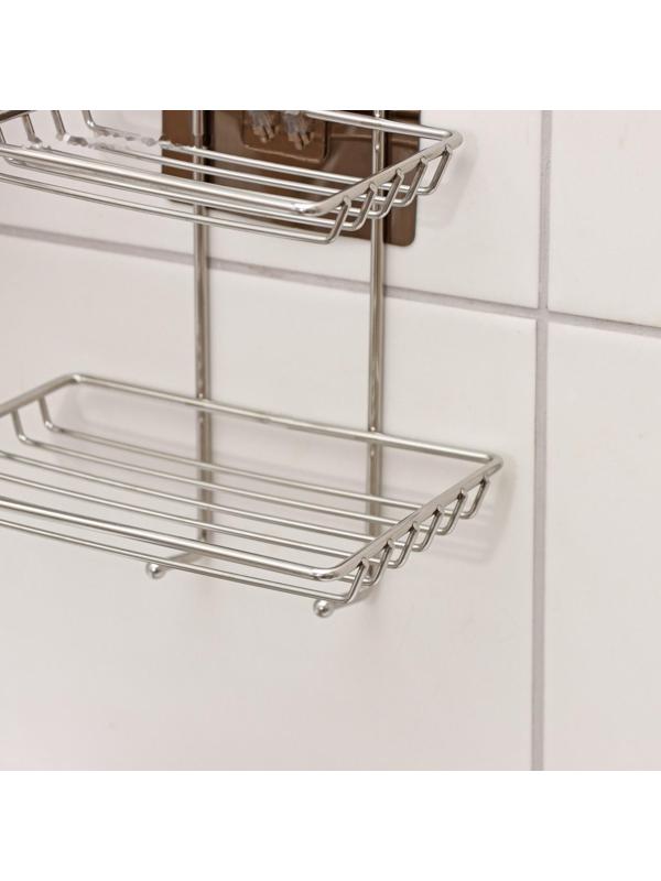 Мыльница 2-х ярусная на липучке, 2 крючка, 14,5×10×21 см, цвет хром