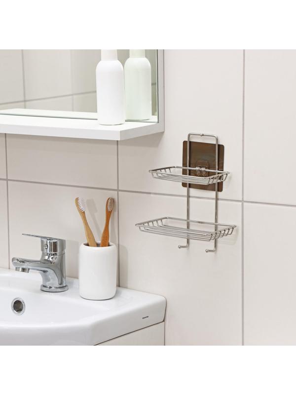 Мыльница 2-х ярусная на липучке, 2 крючка, 14,5×10×21 см, цвет хром