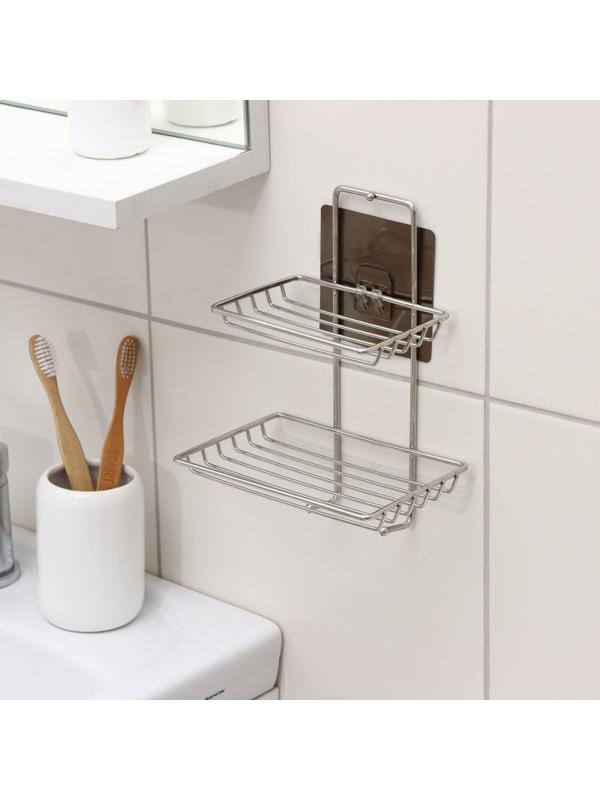 Мыльница 2-х ярусная на липучке, 2 крючка, 14,5×10×21 см, цвет хром