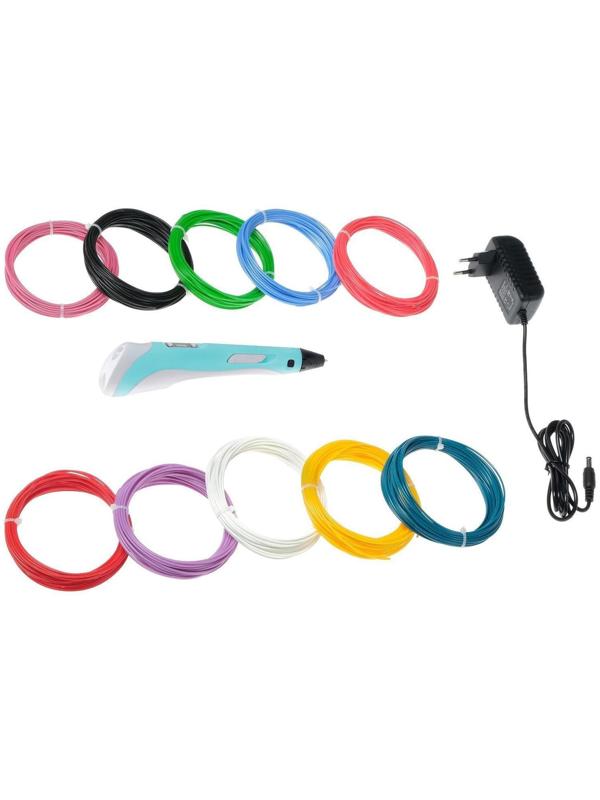 Комплект 3Д ручка с дисплеем голубая + пластик ABS 10 цветов по 10 метров