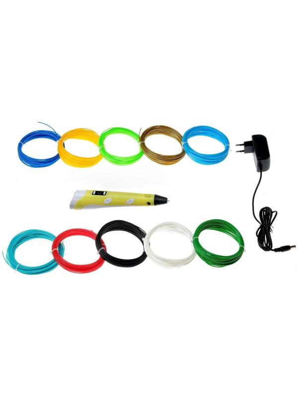 Комплект 3Д ручка с дисплеем желтая + пластик PLA 10 цветов по 10 метров