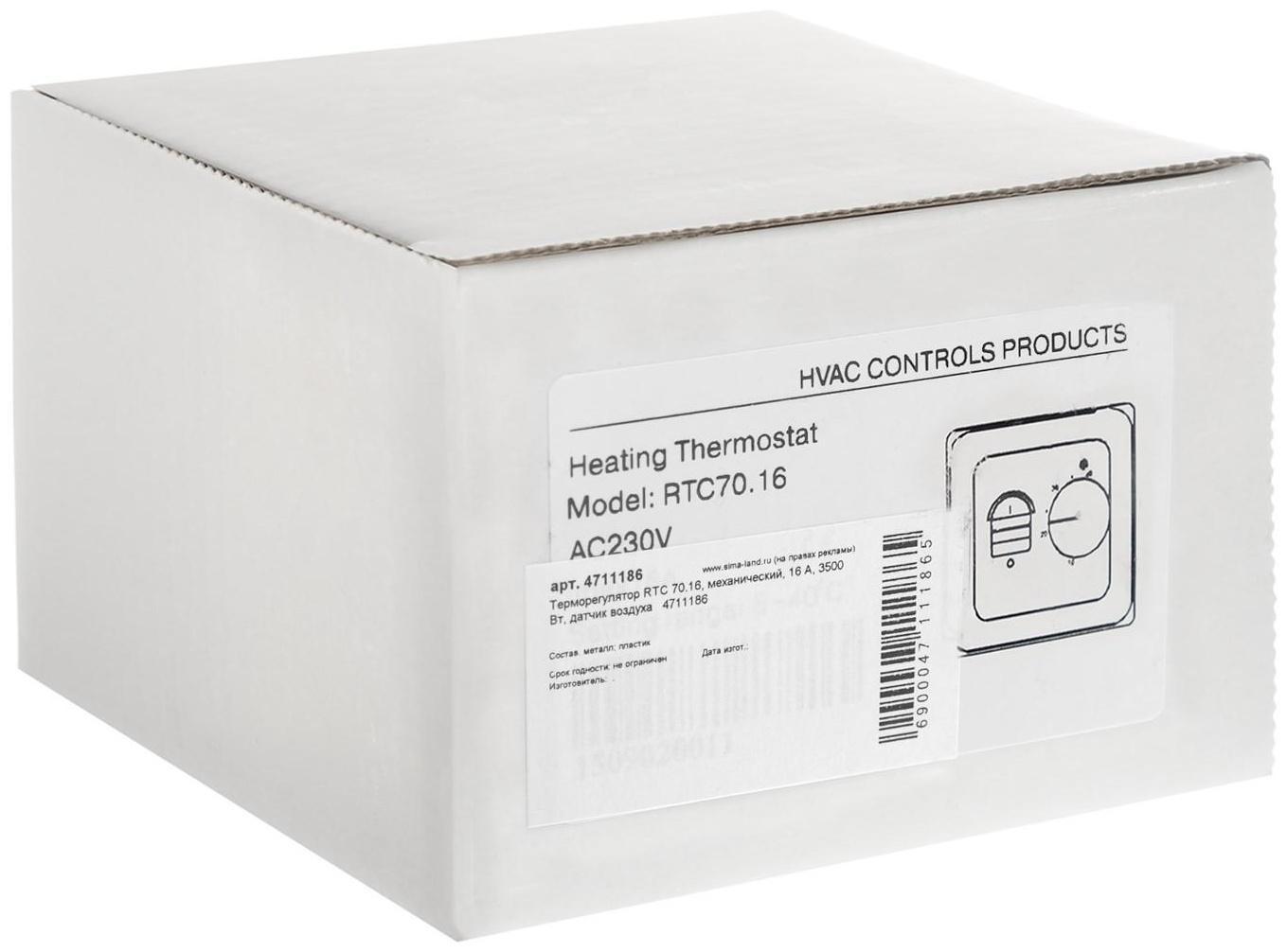 Терморегулятор RTC 70.16, механический, 16 А, 3500 Вт, датчик воздуха