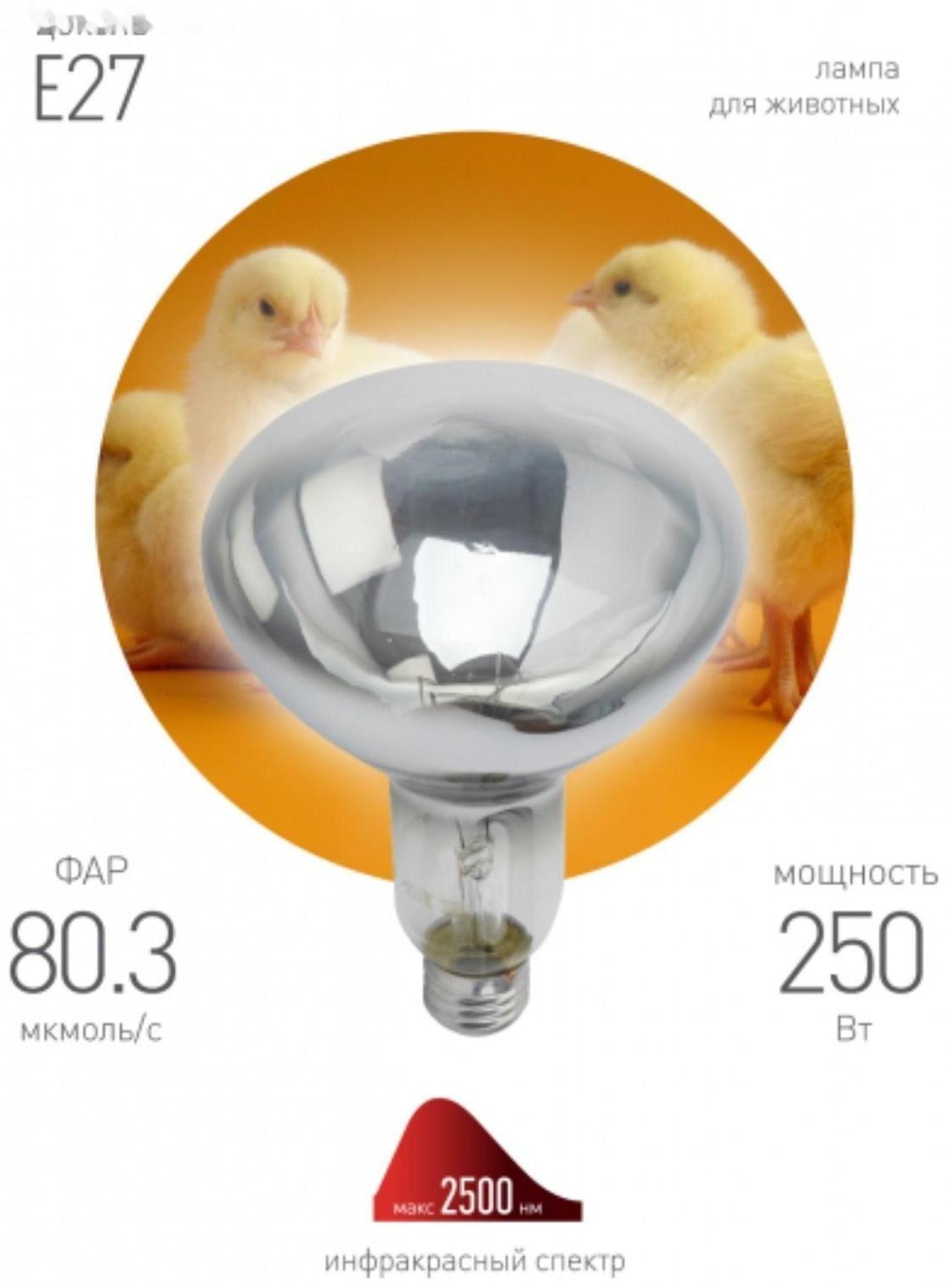 Лампа инфракрасная, 250 Вт, Е 27, 220В, длина волны 1100-1150 нм, белая колба