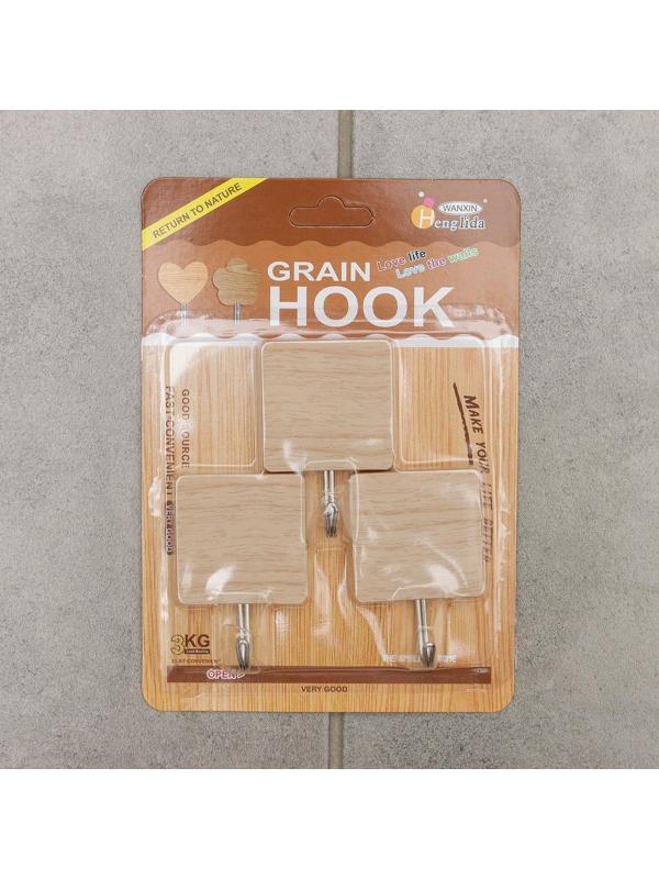 Крючок на липучке «Деревянные квадраты», 3 шт, цвет светлое дерево