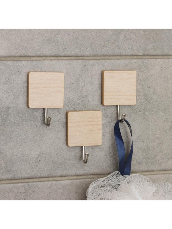 Крючок на липучке «Деревянные квадраты», 3 шт, цвет светлое дерево