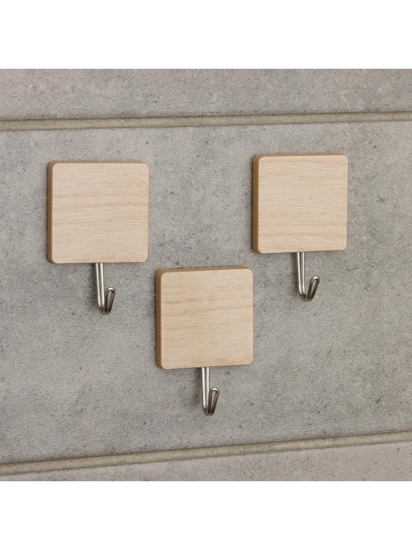 Крючок на липучке «Деревянные квадраты», 3 шт, цвет светлое дерево