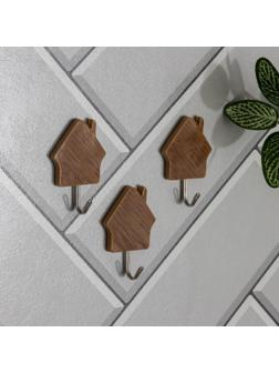 Крючок на липучке «Деревянные домики», 3 шт, цвет тёмное дерево