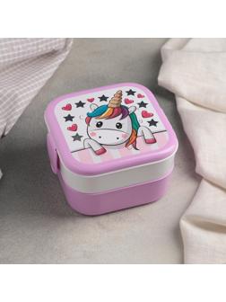 Контейнер для обеда «Единорог», 2 отделения, 400+400 мл, цвет розовый