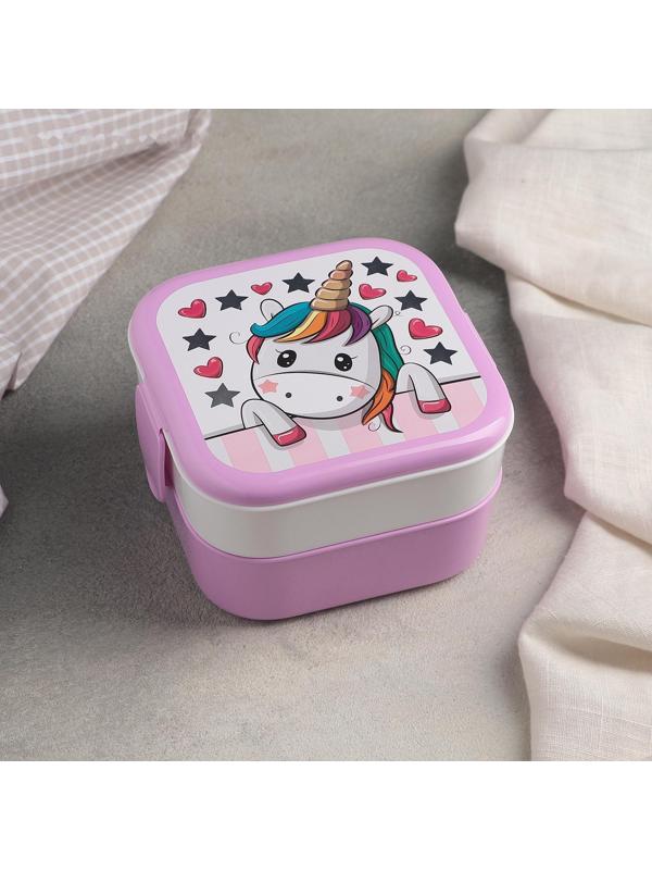 Контейнер для обеда «Единорог», 2 отделения, 400+400 мл, цвет розовый