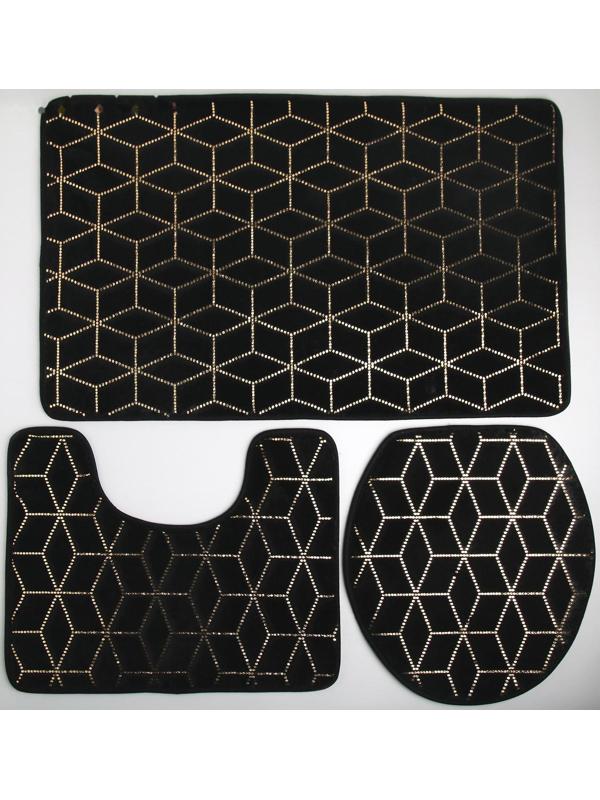 Набор ковриков для ванны и туалета Доляна «Геометрик», 3 шт: 35×40, 40×50, 50×80 см, цвет чёрный