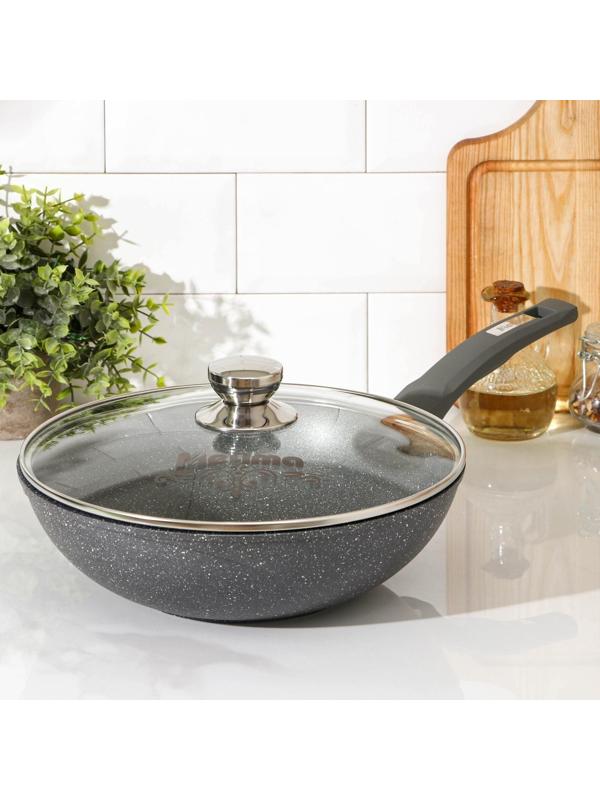 Сковорода «Гранит ВОК», d=28 см, стеклянная крышка, антипригарное покрытие, цвет тёмно-серый
