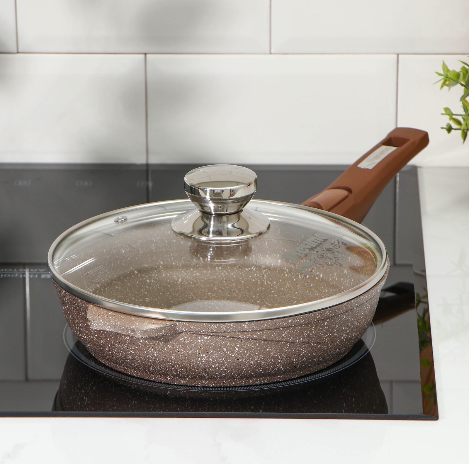 Сковорода «Гранит», d=22 см, съёмная ручка, стеклянная крышка, антипригарное покрытие, цвет коричневый