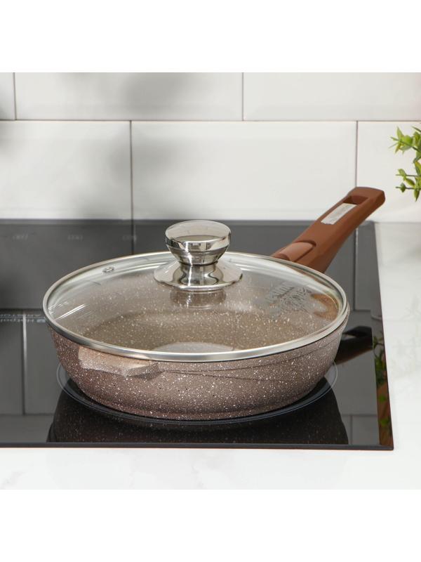 Сковорода «Гранит», d=22 см, съёмная ручка, стеклянная крышка, антипригарное покрытие, цвет коричневый
