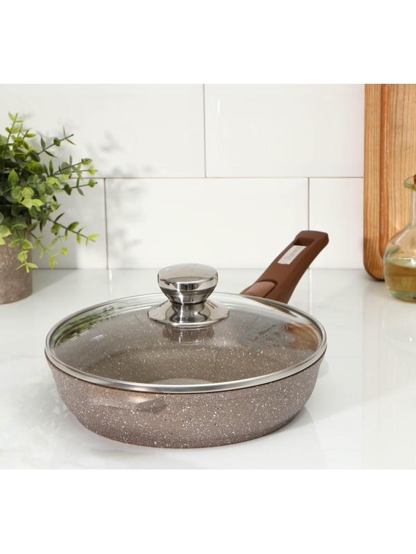 Сковорода «Гранит», d=22 см, съёмная ручка, стеклянная крышка, антипригарное покрытие, цвет коричневый