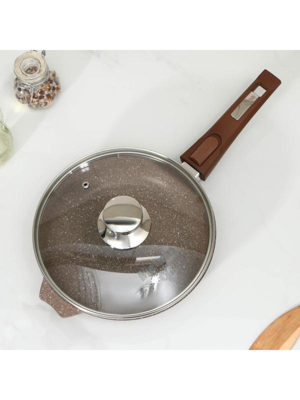 Сковорода «Гранит», d=22 см, съёмная ручка, стеклянная крышка, антипригарное покрытие, цвет коричневый