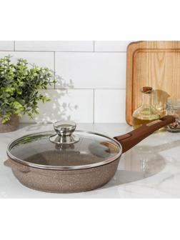 Сковорода «Гранит», d=24 см, съёмная ручка, стеклянная крышка, антипригарное покрытие, цвет коричневый