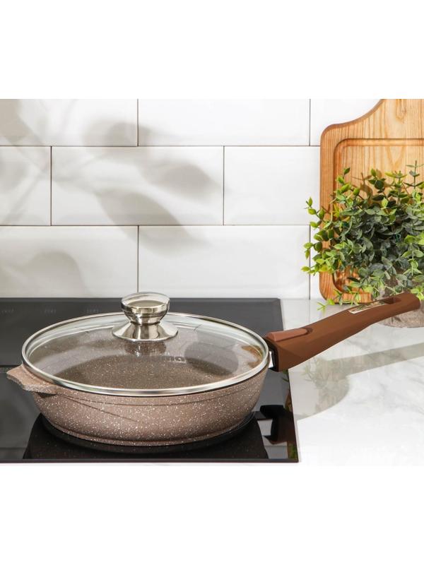 Сковорода «Гранит», d=24 см, съёмная ручка, стеклянная крышка, антипригарное покрытие, цвет коричневый