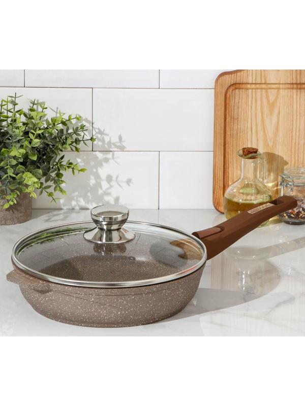 Сковорода «Гранит», d=24 см, съёмная ручка, стеклянная крышка, антипригарное покрытие, цвет коричневый
