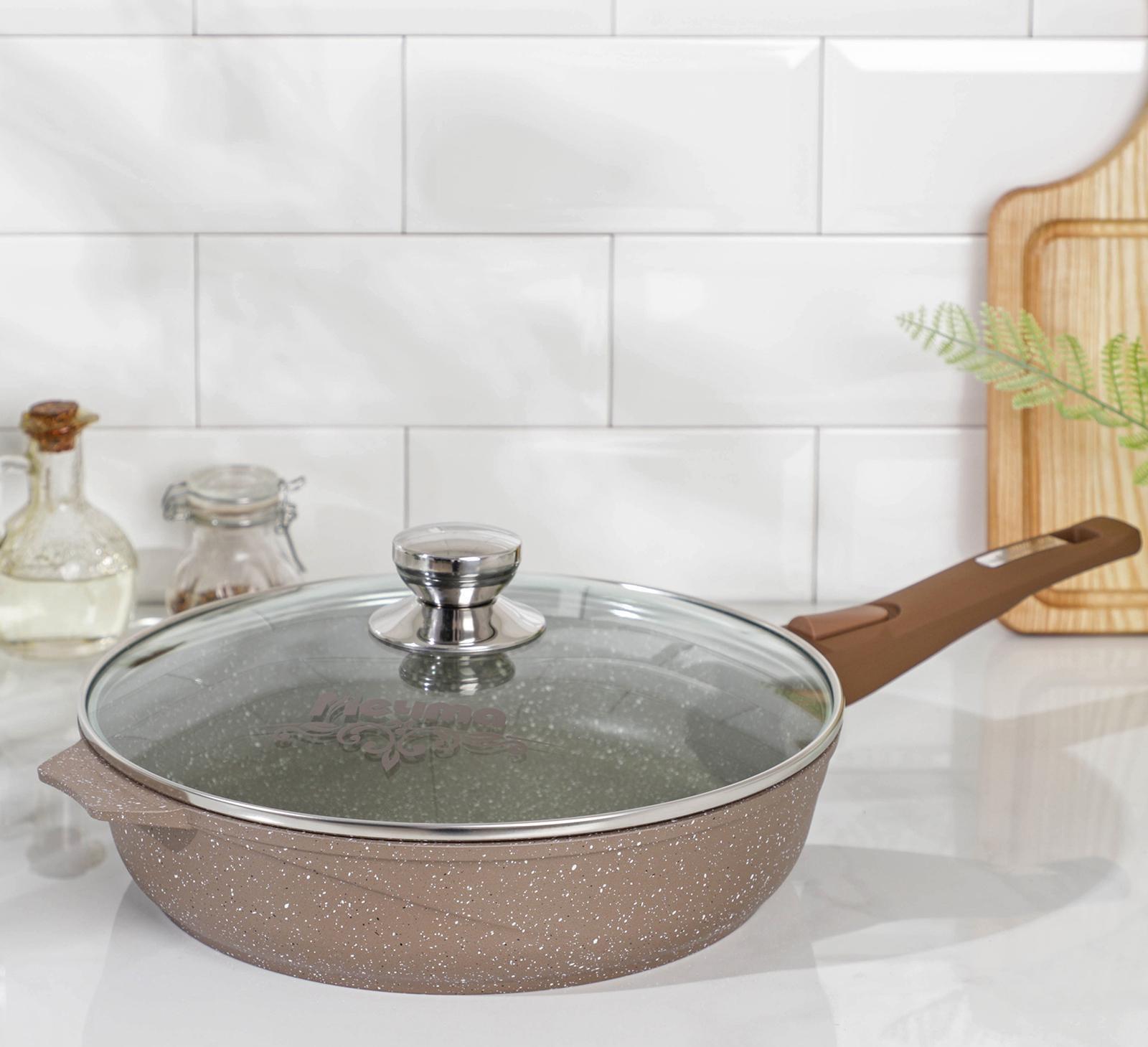 Сковорода «Гранит», d=28 см, съёмная ручка, стеклянная крышка, антипригарное покрытие, цвет коричневый