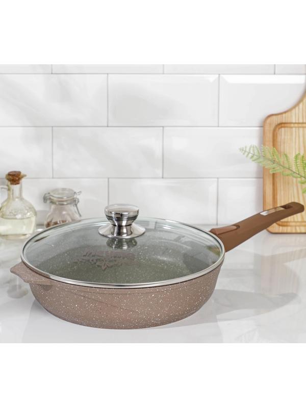 Сковорода «Гранит», d=28 см, съёмная ручка, стеклянная крышка, антипригарное покрытие, цвет коричневый