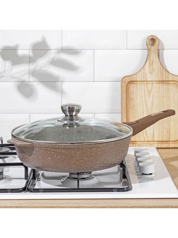 Сковорода «Гранит», d=28 см, съёмная ручка, стеклянная крышка, антипригарное покрытие, цвет коричневый