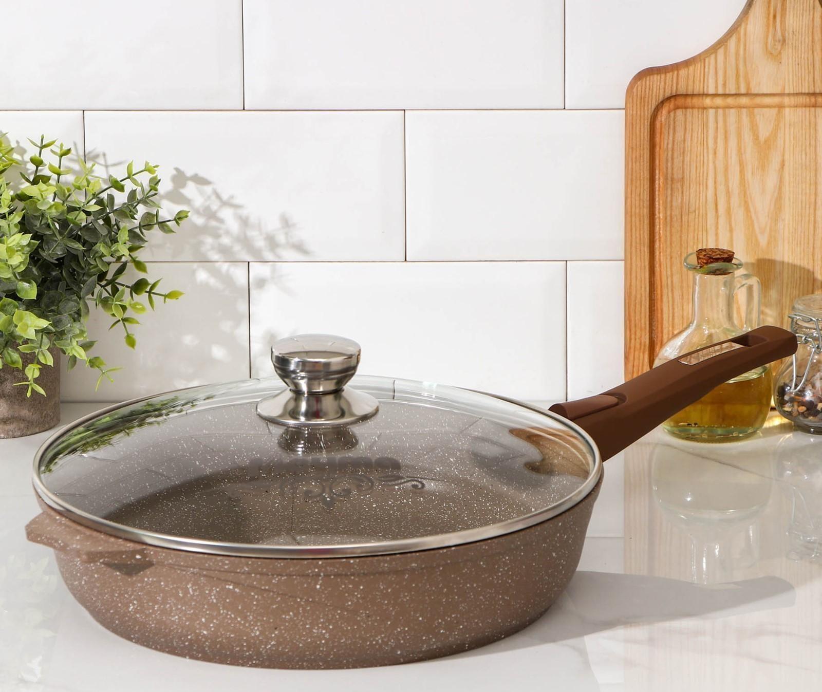 Сковорода «Гранит», d=30 см, съёмная ручка, стеклянная крышка, антипригарное покрытие, цвет коричневый