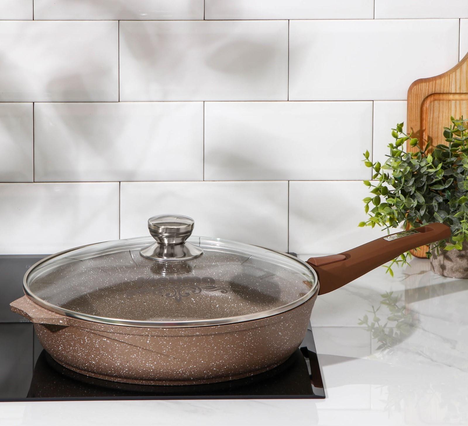 Сковорода «Гранит», d=30 см, съёмная ручка, стеклянная крышка, антипригарное покрытие, цвет коричневый