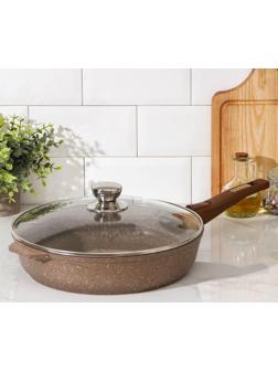 Сковорода «Гранит», d=30 см, съёмная ручка, стеклянная крышка, антипригарное покрытие, цвет коричневый