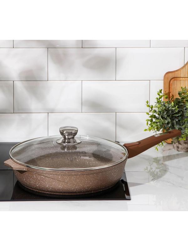 Сковорода «Гранит», d=30 см, съёмная ручка, стеклянная крышка, антипригарное покрытие, цвет коричневый