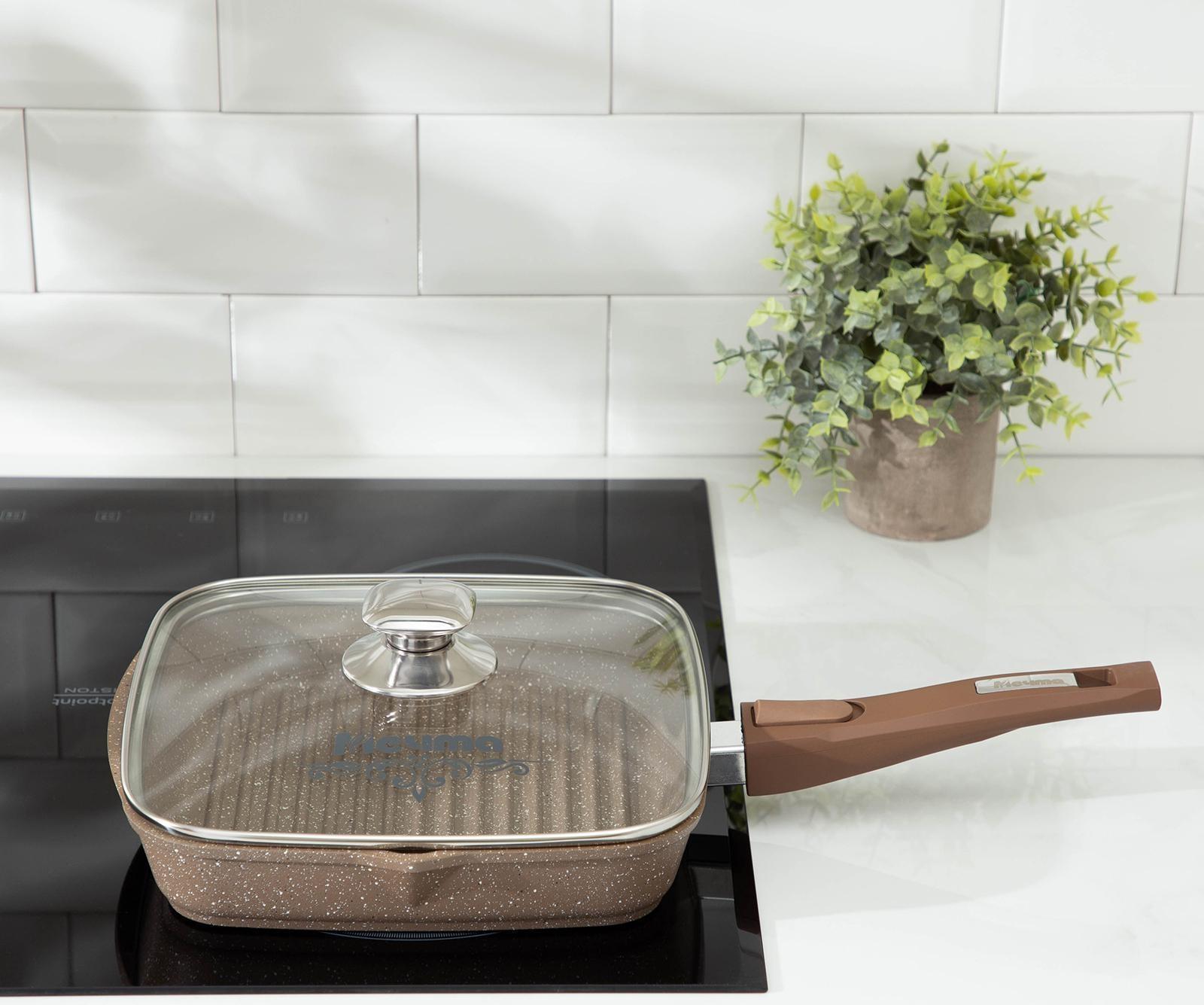 Сковорода-гриль «Гранит», 24×24 см, съёмная ручка, стеклянная крышка, антипригарное покрытие, цвет коричневый