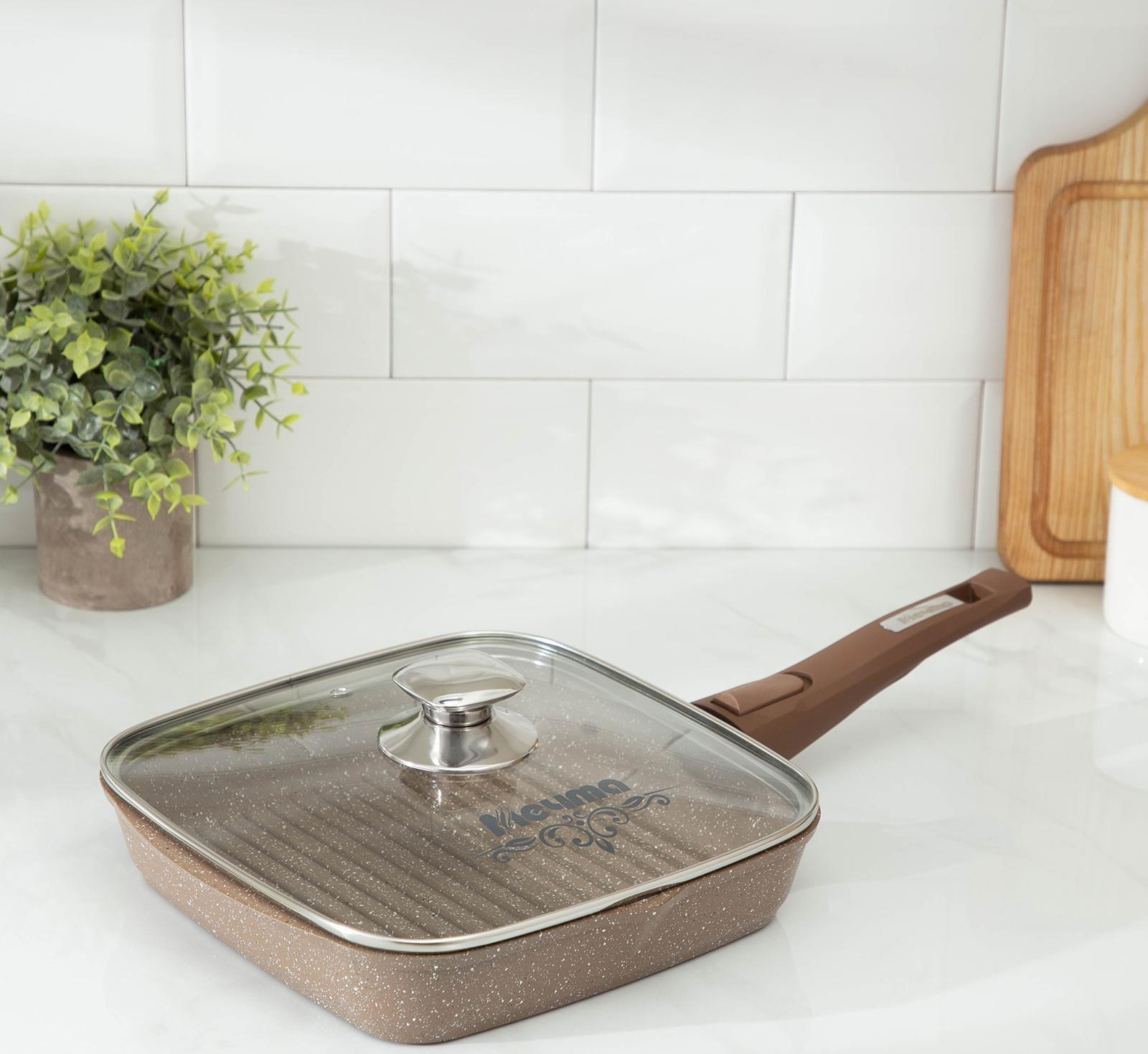 Сковорода-гриль «Гранит», 24×24 см, съёмная ручка, стеклянная крышка, антипригарное покрытие, цвет коричневый