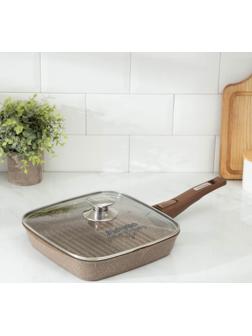 Сковорода-гриль «Гранит», 24×24 см, съёмная ручка, стеклянная крышка, антипригарное покрытие, цвет коричневый