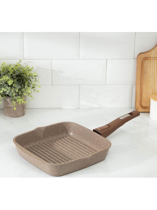 Сковорода-гриль «Гранит», 24×24 см, съёмная ручка, стеклянная крышка, антипригарное покрытие, цвет коричневый