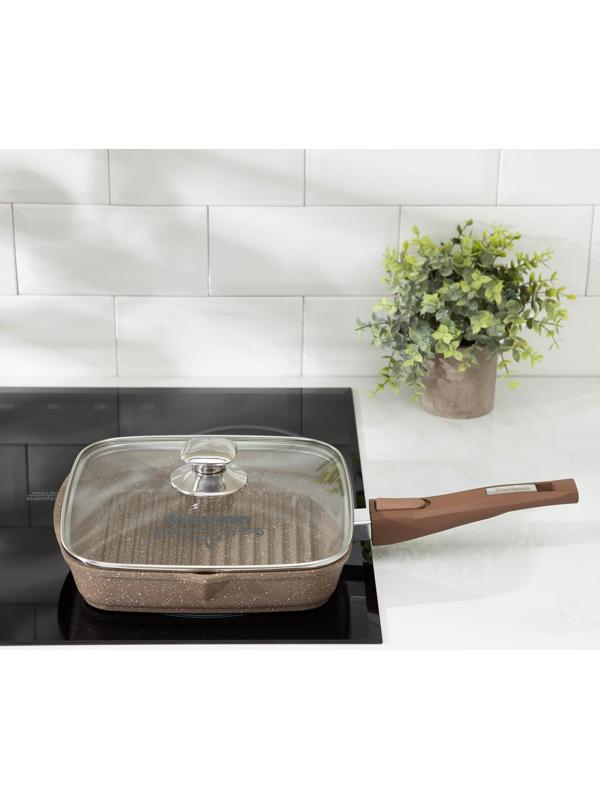 Сковорода-гриль «Гранит», 24×24 см, съёмная ручка, стеклянная крышка, антипригарное покрытие, цвет коричневый