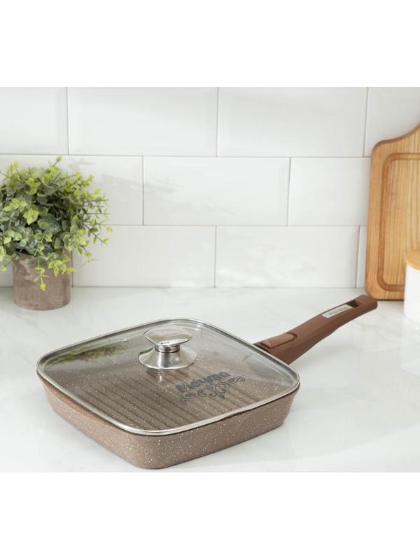 Сковорода-гриль «Гранит», 24×24 см, съёмная ручка, стеклянная крышка, антипригарное покрытие, цвет коричневый