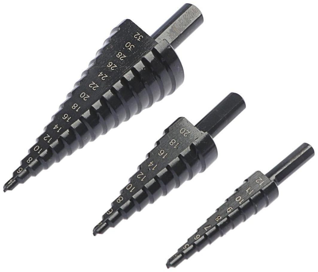 Набор сверл ступенчатых ТУНДРА, HSS, трехгранный хвостовик, 4-12, 4-20, 4-32 мм, 3 шт.
