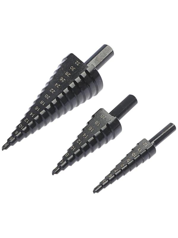 Набор сверл ступенчатых ТУНДРА, HSS, трехгранный хвостовик, 4-12, 4-20, 4-32 мм, 3 шт.