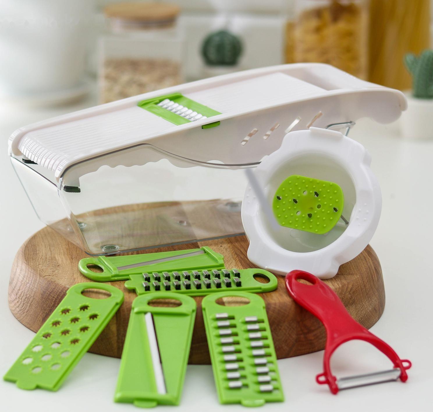 Тёрка с лотком Доляна Vegan, 6 насадок, 30×10,5×11 см, цвет зелёный, овощечистка металлическая, цвет красный