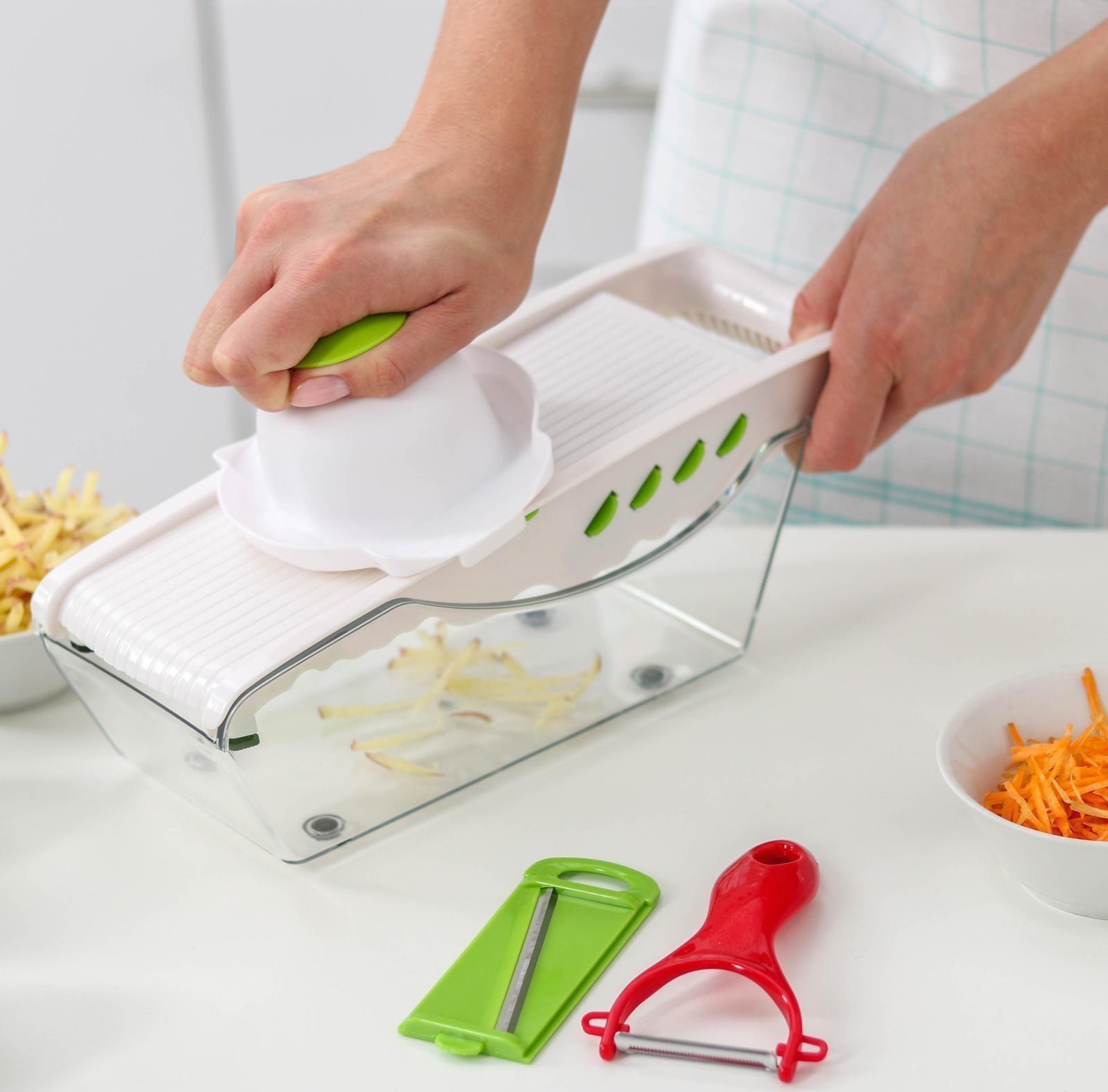 Тёрка с лотком Доляна Vegan, 6 насадок, 30×10,5×11 см, цвет зелёный, овощечистка металлическая, цвет красный