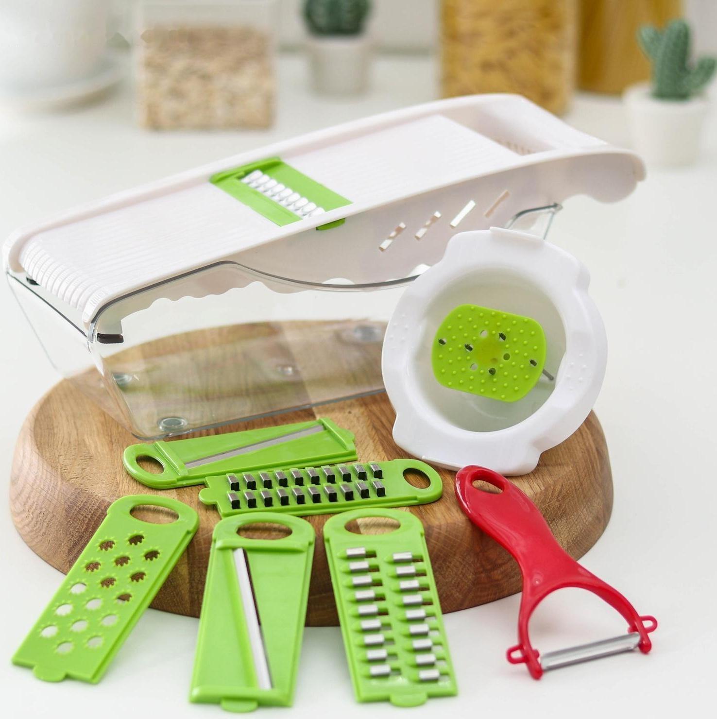 Тёрка с лотком Доляна Vegan, 6 насадок, 30×10,5×11 см, цвет зелёный, овощечистка металлическая, цвет красный