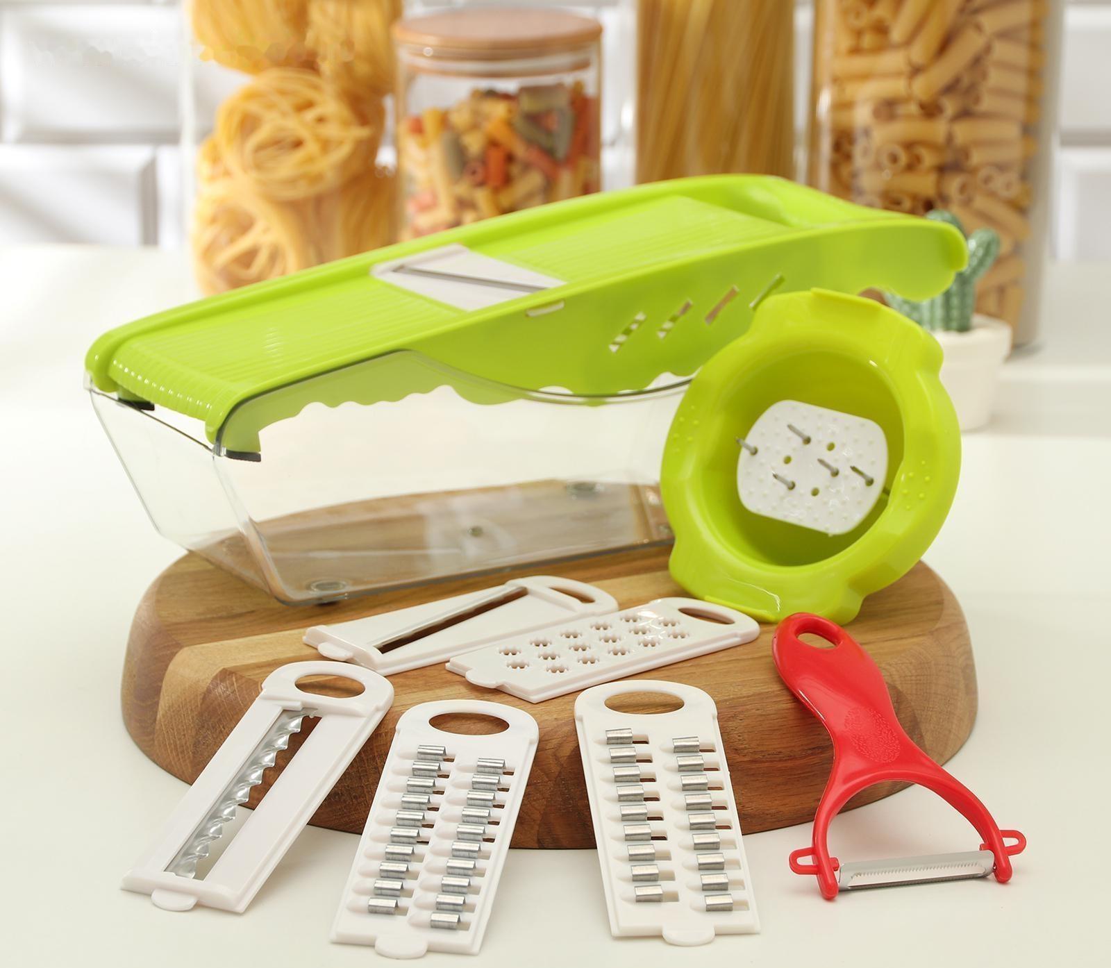 Тёрка с лотком Доляна Vegan, 6 насадок, 30×10,5×11 см, цвет зелёный, овощечистка металлическая, цвет красный