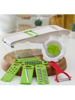 Тёрка с лотком Доляна Vegan, 6 насадок, 30×10,5×11 см, цвет зелёный, овощечистка металлическая, цвет красный