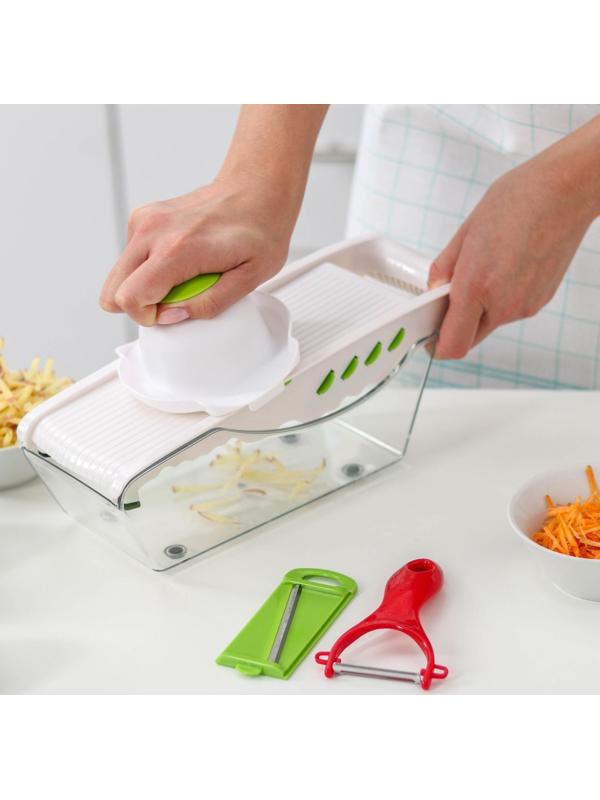 Тёрка с лотком Доляна Vegan, 6 насадок, 30×10,5×11 см, цвет зелёный, овощечистка металлическая, цвет красный