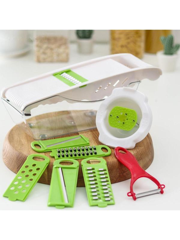 Тёрка с лотком Доляна Vegan, 6 насадок, 30×10,5×11 см, цвет зелёный, овощечистка металлическая, цвет красный