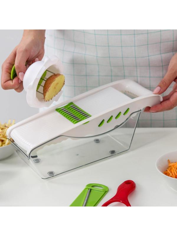 Тёрка с лотком Доляна Vegan, 6 насадок, 30×10,5×11 см, цвет зелёный, овощечистка металлическая, цвет красный