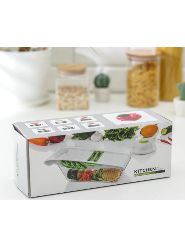 Тёрка с лотком Доляна Vegan, 6 насадок, 30×10,5×11 см, цвет зелёный, овощечистка металлическая, цвет красный