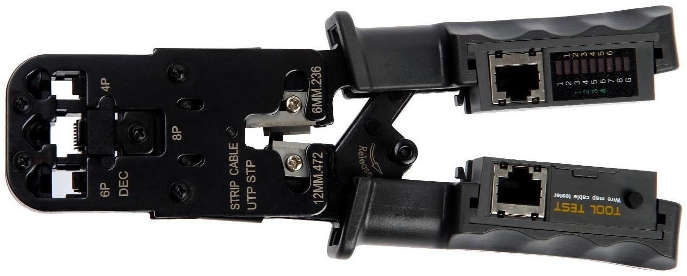 Кримпер-тестер ТУНДРА, с тестером кабеля, RJ-45 8P, RJ-12 6P, RJ-11 4P, вертикальный обжим