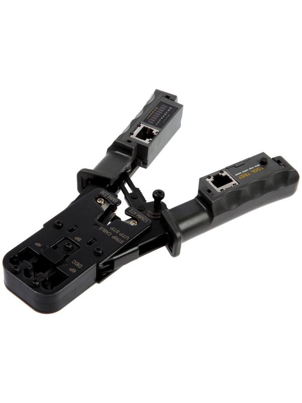 Кримпер-тестер ТУНДРА, с тестером кабеля, RJ-45 8P, RJ-12 6P, RJ-11 4P, вертикальный обжим