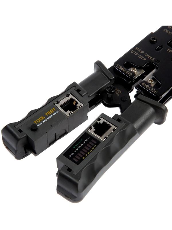 Кримпер-тестер ТУНДРА, с тестером кабеля, RJ-45 8P, RJ-12 6P, RJ-11 4P, вертикальный обжим
