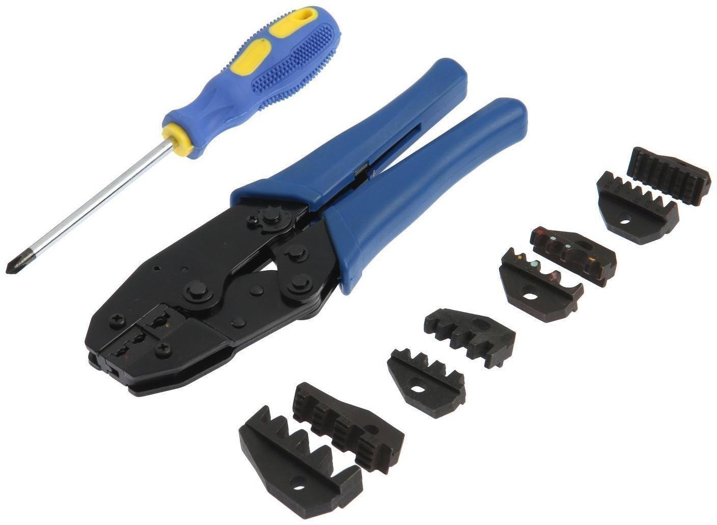 Пресс-клещи в сумке ТУНДРА, 5 матриц + отвертка, для опрессовки наконечников проводов